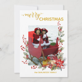 Christmas Photo Card Holly Berries & Pointsettias Bedankkaart