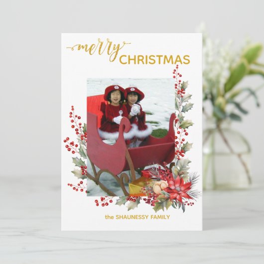 Christmas Photo Card Holly Berries & Pointsettias Bedankkaart (Staand voorkant)