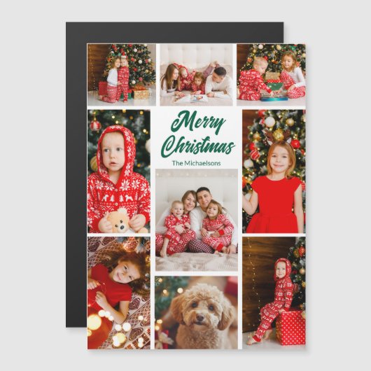 Christmas Photo Collage Green Script Magnet Card (Voorkant / Achterkant)