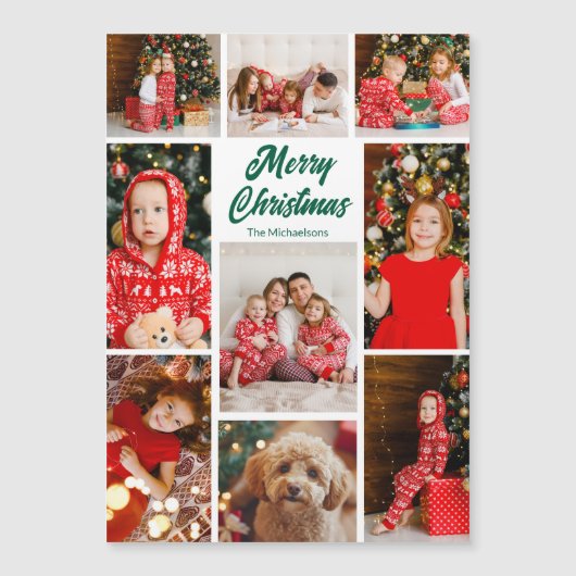 Christmas Photo Collage Green Script Magnet Card (Voorkant)