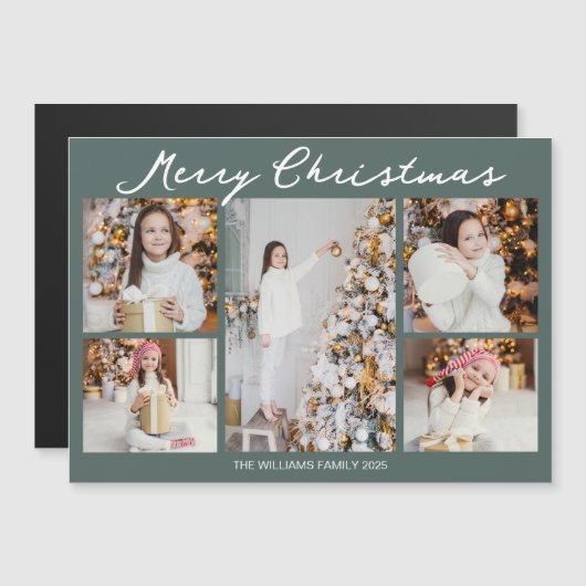 Christmas Photo Collage Grey Green Magnet Card (Voorkant / Achterkant)