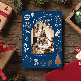 Christmas Photo Hand Drawn Blue Holiday Foil Card Folie Feestdagenkaart