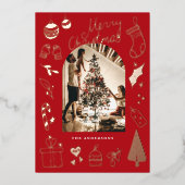 Christmas Photo Hand Drawn Red Holiday Foil Card Folie Feestdagenkaart (Voorkant)
