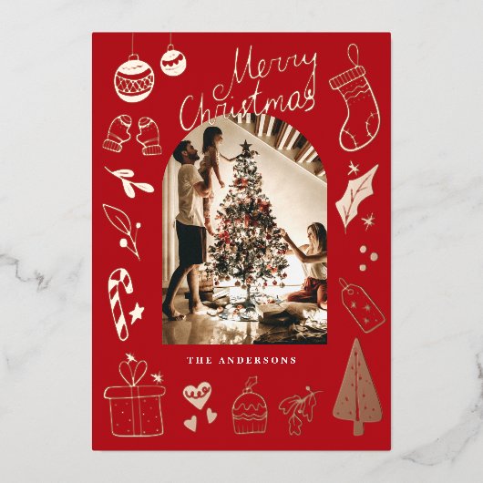 Christmas Photo Hand Drawn Red Holiday Foil Card Folie Feestdagenkaart (Voorkant)