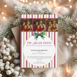 Christmas Photo Invitation • Pink Gold Striped  Kaart