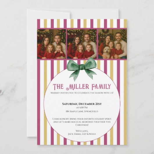 Christmas Photo Invitation • Pink Gold Striped  Kaart (Voorkant)