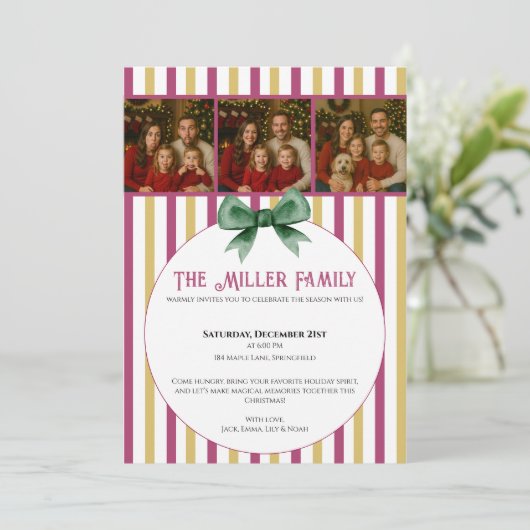 Christmas Photo Invitation • Pink Gold Striped Kaart (Staand voorkant)