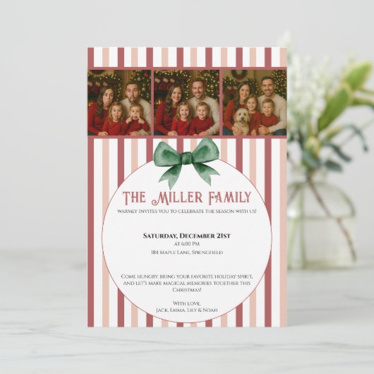 Christmas Photo Invitation • Red Striped Holiday Kaart (Staand voorkant)