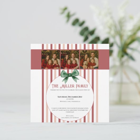 Christmas Photo Invitation • Red Striped Holiday Save The Date (Staand voorkant)