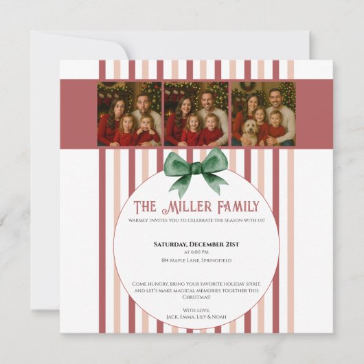 Christmas Photo Invitation • Red Striped Holiday Save The Date (Voorkant)