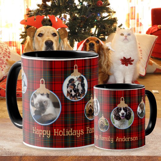 Christmas PHOTO Mug, Tartan Baubles Kids Pets Mug Mok
