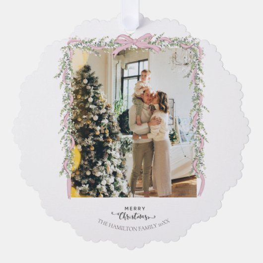 Christmas Photo Pink Bow Coquette Garland Holiday Ornament Kaart (Voorkant)