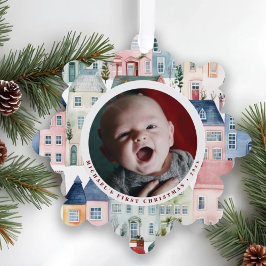 Christmas Photo Red Festive Houses Holiday  Ornament Kaart