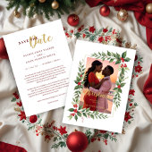 Christmas Photo Wedding Leaves & Red Berries Save The Date