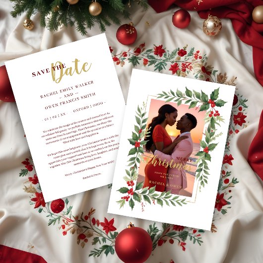 Christmas Photo Wedding Leaves & Red Berries Save The Date