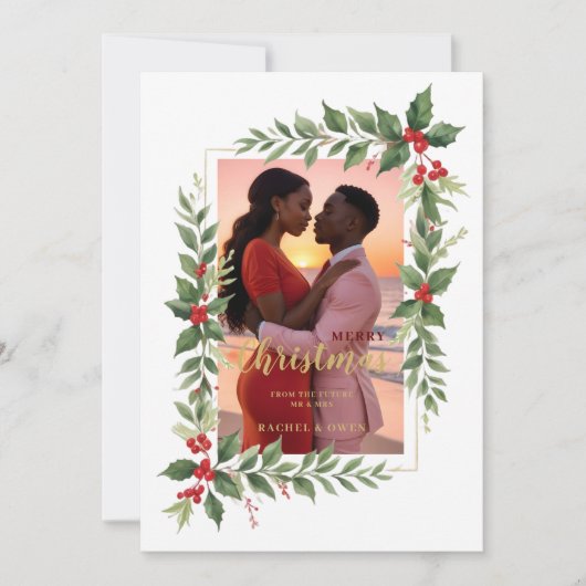 Christmas Photo Wedding Leaves & Red Berries Save The Date (Voorkant)