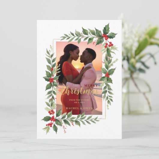 Christmas Photo Wedding Leaves & Red Berries Save The Date (Staand voorkant)