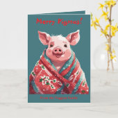 Christmas Pig Wrapped In A Holiday Blanket Kaart (Gele Bloem)