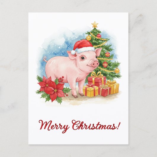 Christmas Piglet Postcard Holiday Watercolor Art Briefkaart (Voorkant)