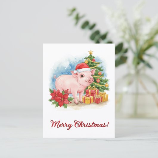 Christmas Piglet Postcard Holiday Watercolor Art Briefkaart (Staand voorkant)