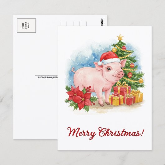 Christmas Piglet Postcard Holiday Watercolor Art Briefkaart (Voorkant / Achterkant)