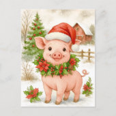 Christmas Piglet Watercolor Postcard Feestdagenkaart (Voorkant)