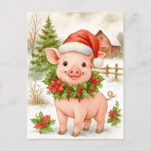 Christmas Piglet Watercolor Postcard Feestdagenkaart (Voorkant)