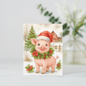 Christmas Piglet Watercolor Postcard Feestdagenkaart (Staand voorkant)