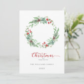 Christmas Pine and Holly  wreath Flat Holiday Card Feestdagenkaart (Staand voorkant)