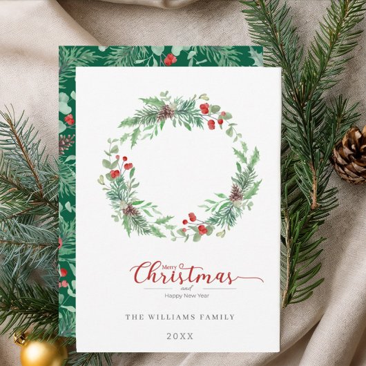 Christmas Pine and Holly  wreath Flat Holiday Card Feestdagenkaart