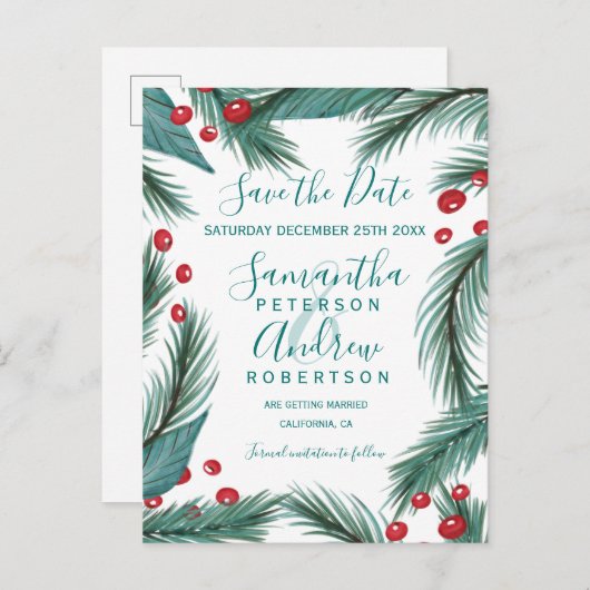 Christmas Pine Mistletoe waterverf Save the Date Aankondigingskaart (Voorkant / Achterkant)