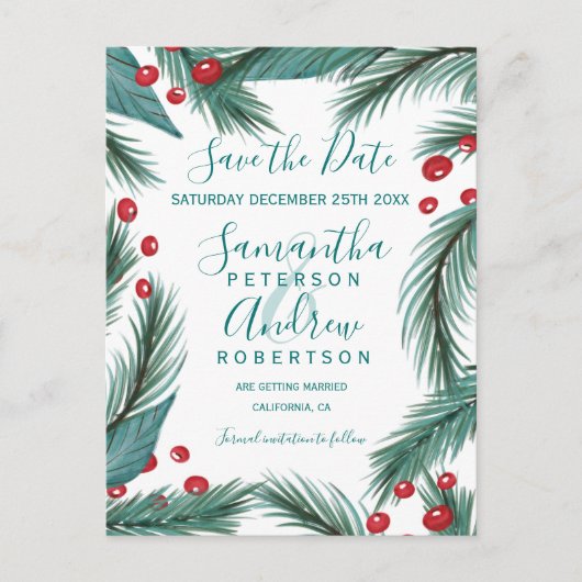 Christmas Pine Mistletoe waterverf Save the Date Aankondigingskaart (Voorkant)