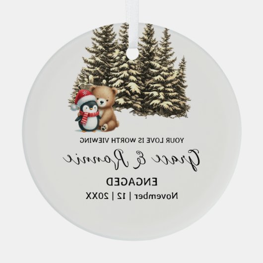 Christmas Pine Tree Beer Penguin Paar Verloving Glas Ornament (Achterkant)