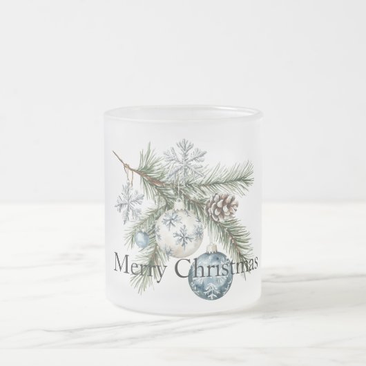 Christmas Pine Tree Branches Blue White Ornaments Matglas Koffiemok (Center)