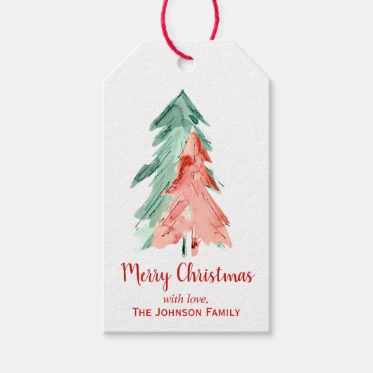 Christmas Pine Trees Waterverf Cadeaulabel (Voorkant)