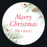 Christmas Pine Waterverf | Kerstmis 2016 Ronde Sticker<br><div class="desc">Pine Branches, Pine Cones & Berries Waterverf Sticker perfect om uw Winter Kerst Feestdagen te passen. Gebruik voor Gift Label Stickers, Baking Good labels, Holiday Kaart Envelope Stickers en nog veel meer! Originele handgeschilderde waterverf kunstwerk van Winter Pine Branches, Pine Cones en Red Berries. Kleuren zijn in verschillende rustieke tinten...</div>
