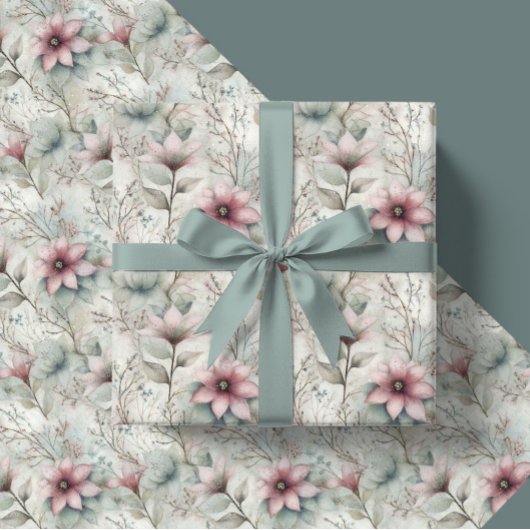 Christmas Pink and Silver Poinsettia Floral Cadeaupapier
