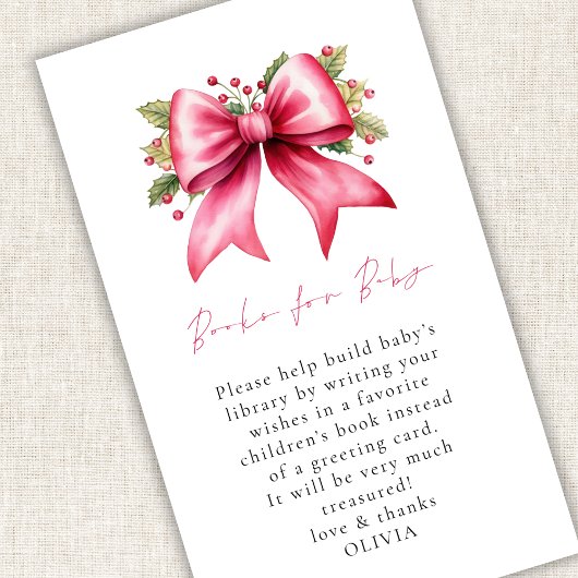 Christmas Pink Coquette Bow Books for Baby Shower Informatiekaartje