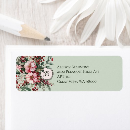 Christmas Pink Floral Spray Elegant Monogrammed Etiket (Insitu)