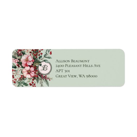Christmas Pink Floral Spray Elegant Monogrammed Etiket (Voorkant)