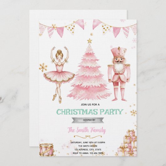 Christmas pink sugar plum nutcracker Invitation  Kaart (Voorkant / Achterkant)