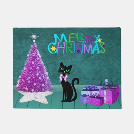 Christmas Pink Tree Black Cat Wrapped Gifts Teal Deurmat (Voorkant)