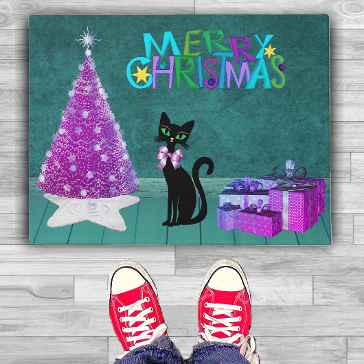 Christmas Pink Tree Black Cat Wrapped Gifts Teal Deurmat