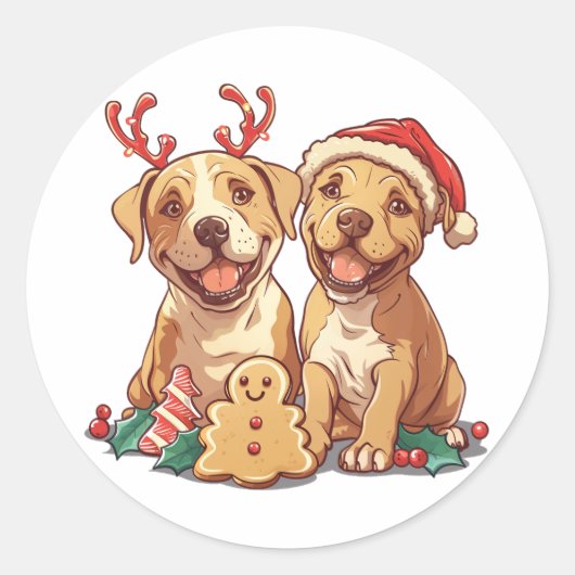 Christmas Pit Bull Dogs Ronde Sticker (Voorkant)