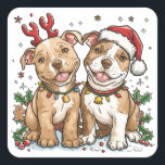 Christmas Pit Bull Dogs Vierkante Sticker<br><div class="desc">Schattigee illustratie van Pit Bull-honden verkleed voor Kerstmis. Perfect voor dierenliefhebbers of hondenouders tijdens het vakantieseizoen!</div>