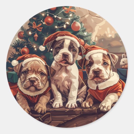 Christmas Pit Bull Puppy Dogs Ronde Sticker (Voorkant)