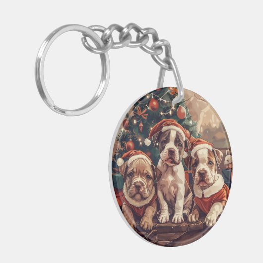Christmas Pit Bull Puppy Dogs Sleutelhanger (Voorkant Links)