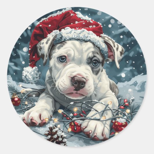 Christmas Pit Bull Santa Puppy Ronde Sticker (Voorkant)