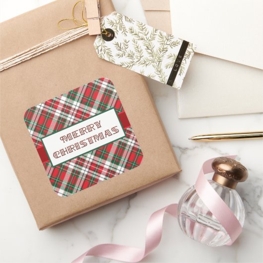 Christmas Plaid Bright met Vrolijk Kerstfeest Vierkante Sticker (Geschenken)