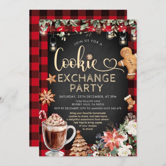 Christmas Plaid Cookie Cocoa Exchange Party Kaart (Voorkant / Achterkant)
